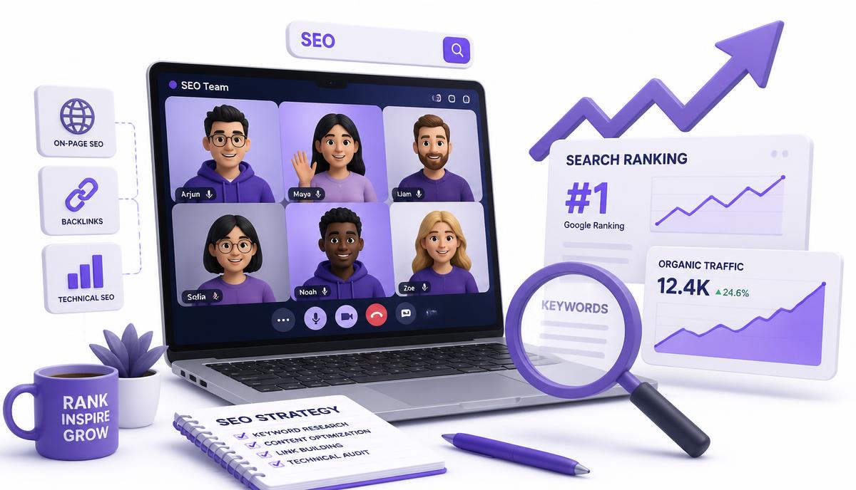 Hire dedicated remote staff for SEO — remote SEO team on a video call reviewing ranking and organic traffic charts