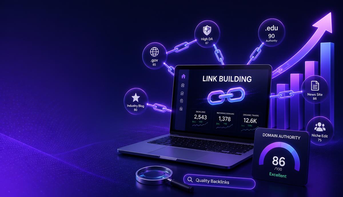 3D illustration of rising SEO charts connected by chain links with a magnifying glass over a webpage