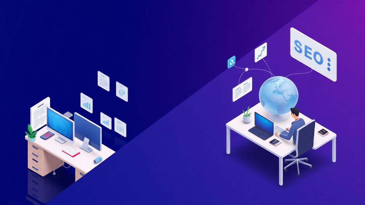 Split illustration comparing an in-house SEO specialist at an office desk with a remote SEO specialist working online