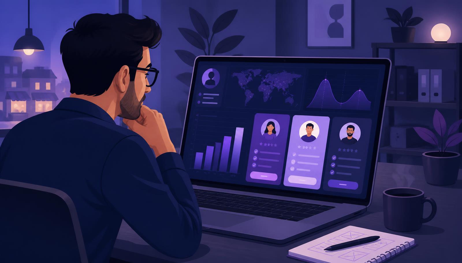 Business owner comparing SEO specialist hiring costs, salary ranges and hiring options on a laptop dashboard